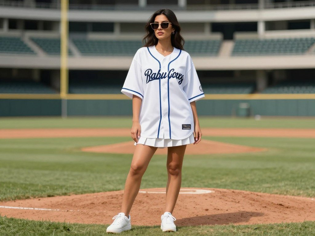 Woman in sporty chic baseball outfit with oversized jersey, pleated skirt and sneakers