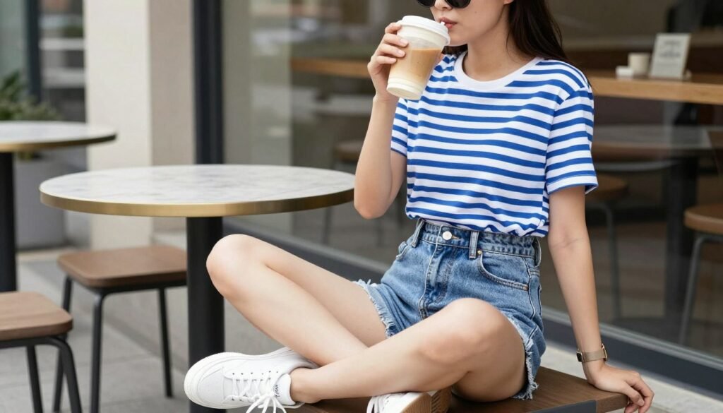 Woman in striped tee and denim shorts sitting at outdoor cafe with sunglasses