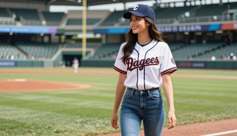 Woman in stylish baseball game outfit with jersey, jeans and baseball cap at stadium