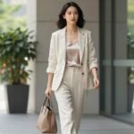 Woman in stylish summer work outfit for office setting with light blazer and breathable fabrics