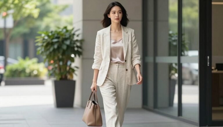Woman in stylish summer work outfit for office setting with light blazer and breathable fabrics