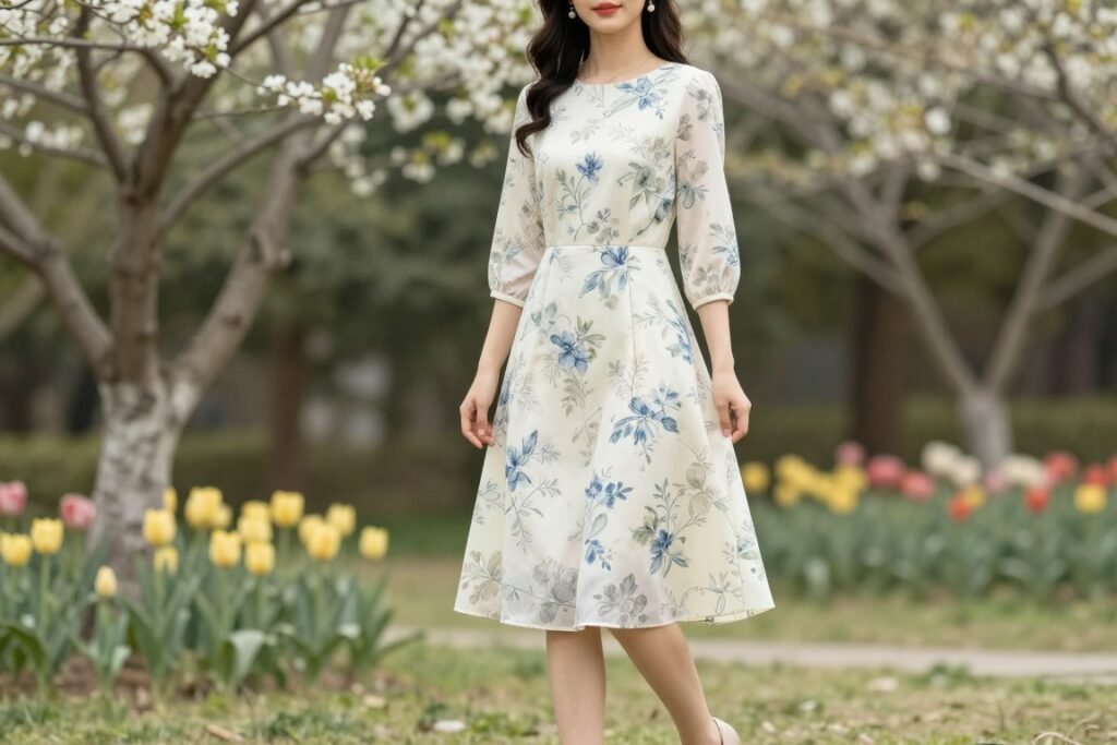 Woman in subtle floral print Easter dress for church
