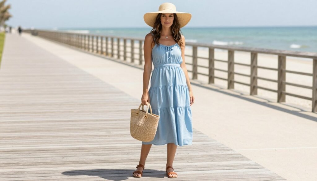 Woman in sundress accessorized with straw hat, basket bag and sandals - cute casual summer outfits