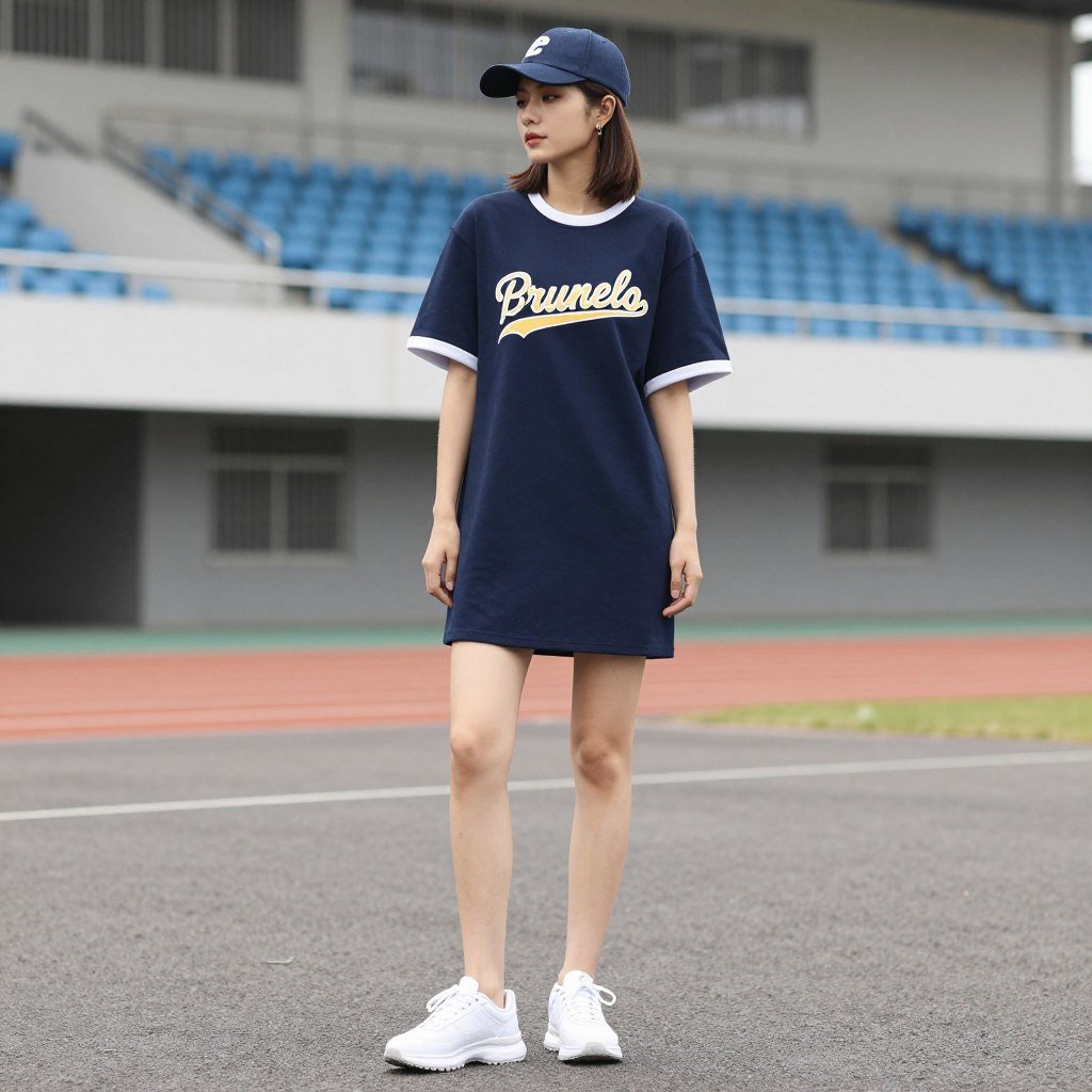 Woman in t-shirt dress with baseball cap and sneakers