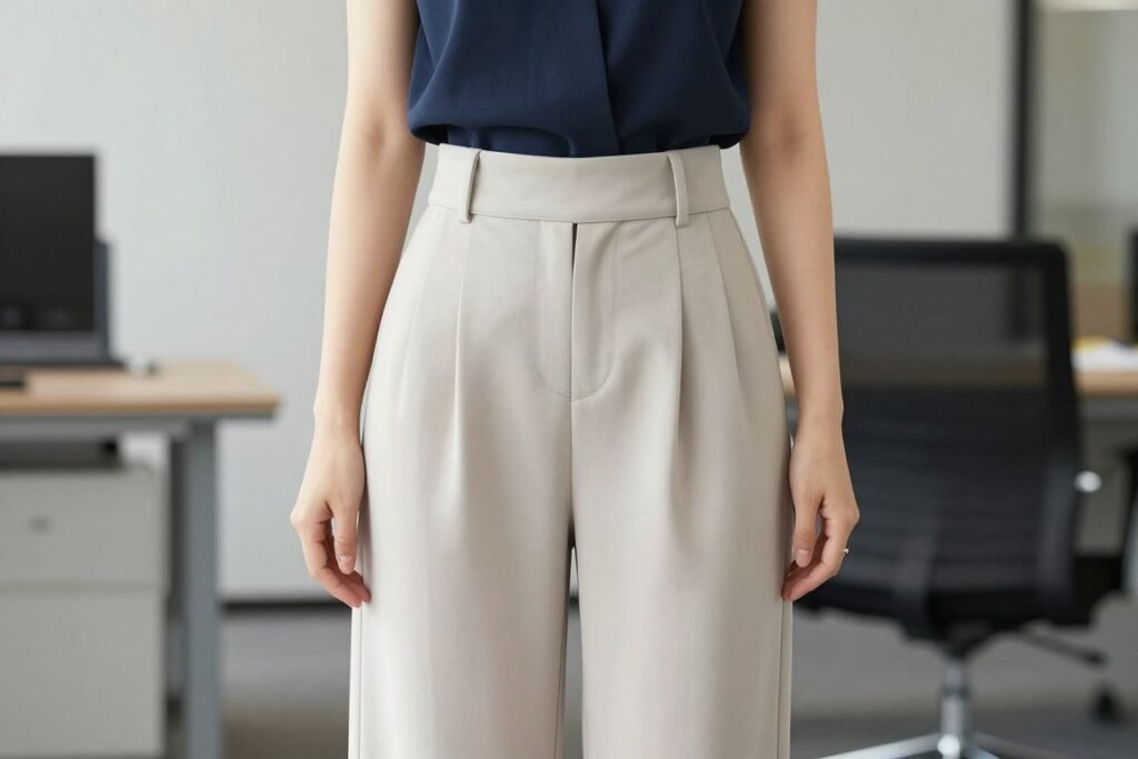 Woman in tailored wide-leg trousers as part of summer work outfit for office