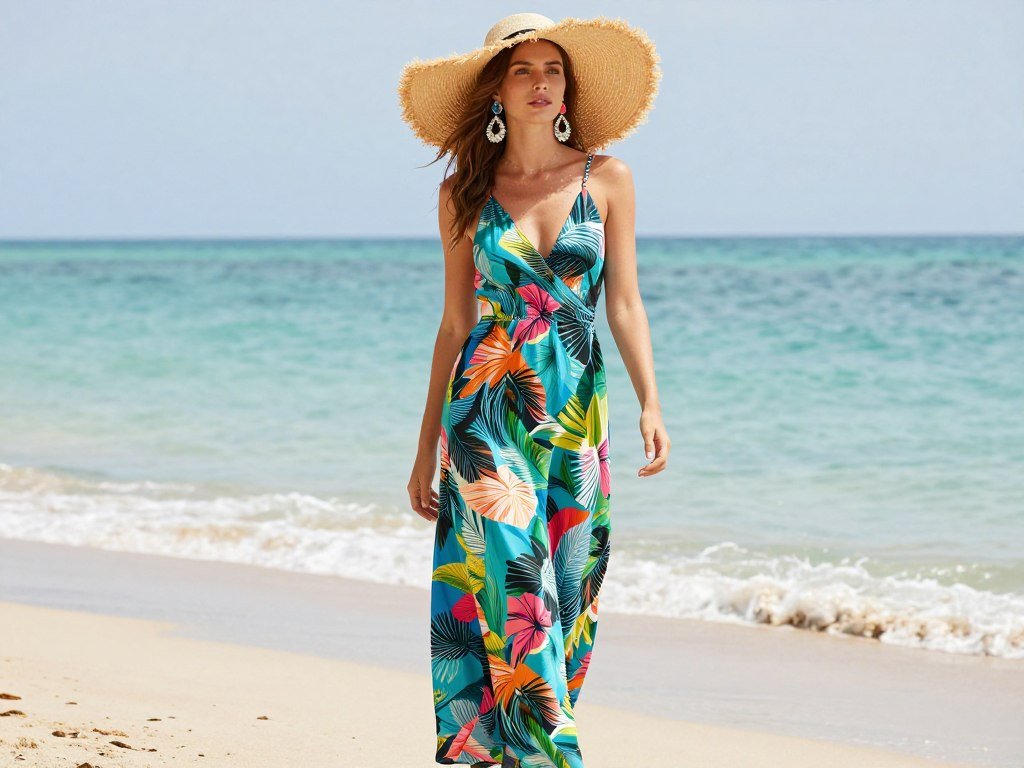 Woman in tropical print dress on beach, tropical vacation summer outfits aesthetic