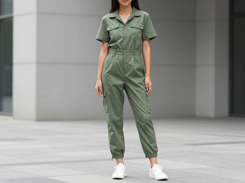Woman in utility jumpsuit and minimal accessories in urban setting, summer outfits aesthetic