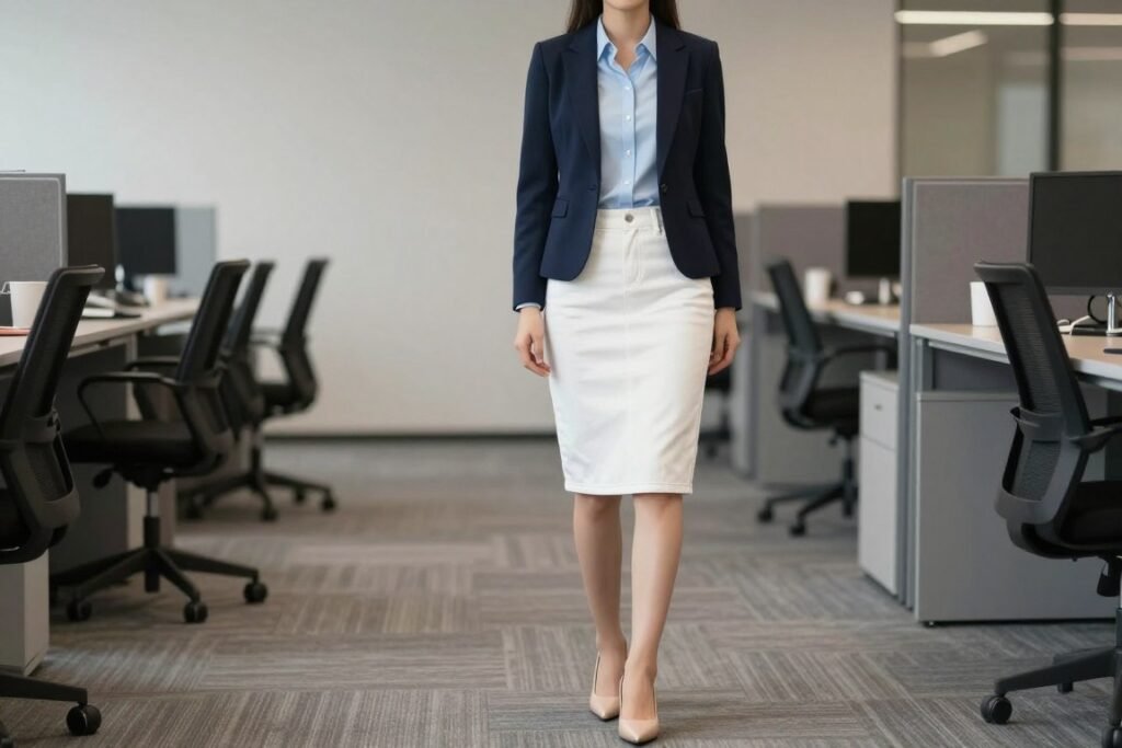 Woman in white denim skirt with blazer office outfit
