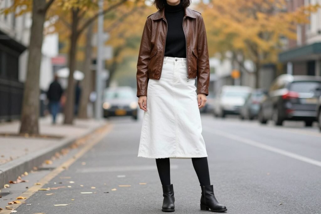 Woman in white denim skirt with leather jacket for fall