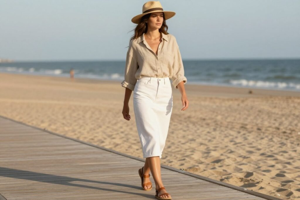 Woman in white denim skirt with linen top at beach