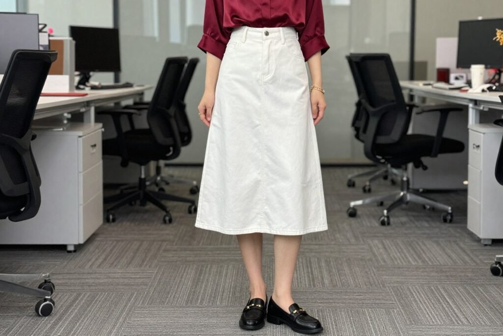 Woman in white denim skirt with silk blouse office outfit