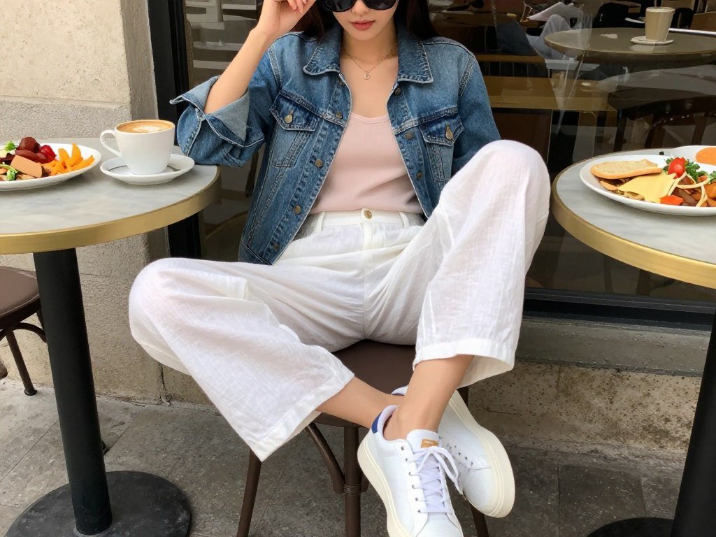 Woman in white linen pants with a pastel top at a weekend brunch setting