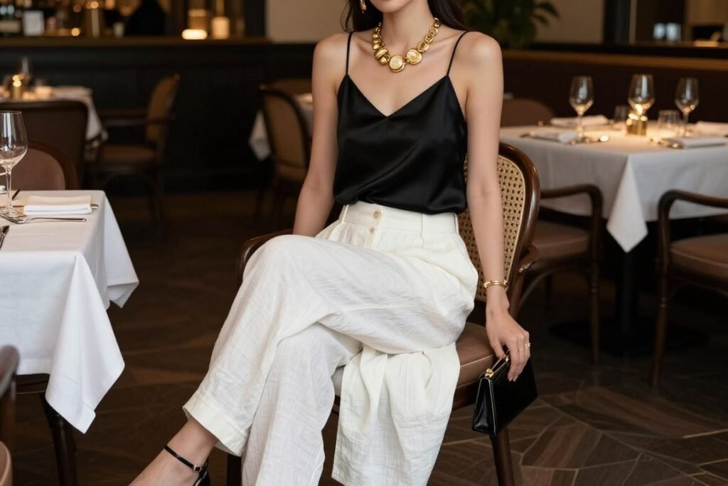 Woman in white linen pants with a silk camisole and statement jewelry for evening wear