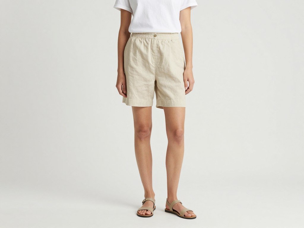 Woman in white t-shirt and beige linen shorts against minimal background, summer outfits aesthetic
