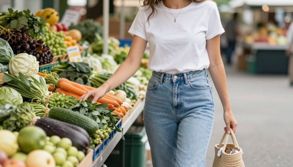 Woman in white t-shirt and high-waisted jeans shopping at an outdoor market