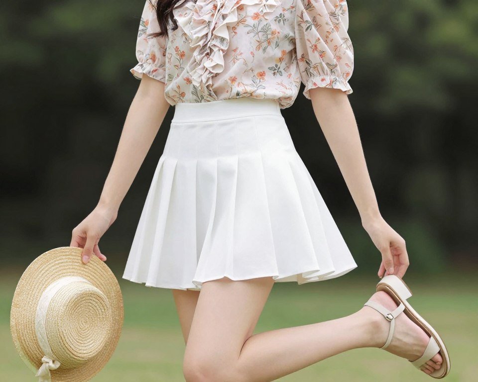 Woman in white tennis skirt with floral blouse and sandals