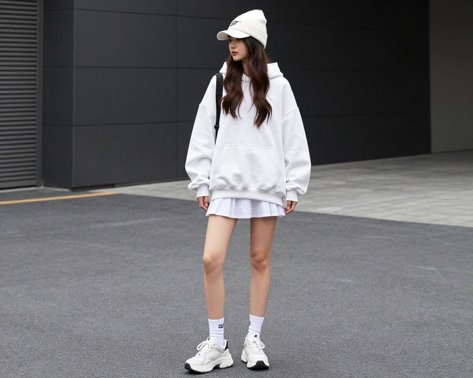 Woman in white tennis skirt with oversized hoodie and chunky sneakers
