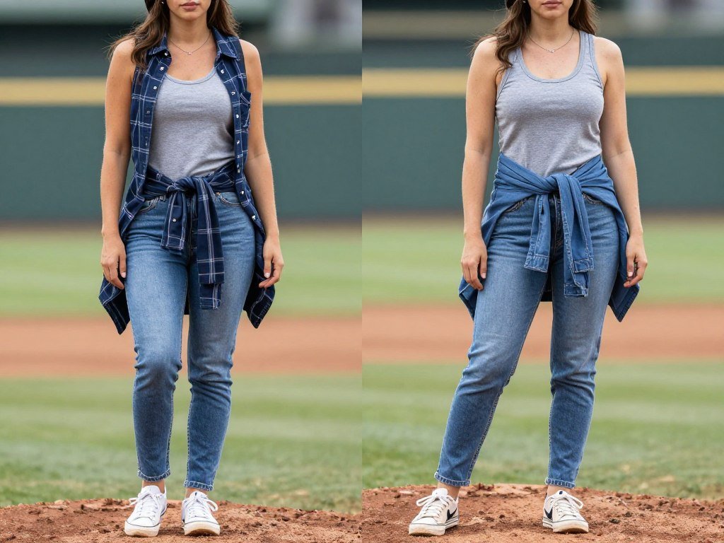 Woman layering button-down shirt over tank top with jeans at baseball game