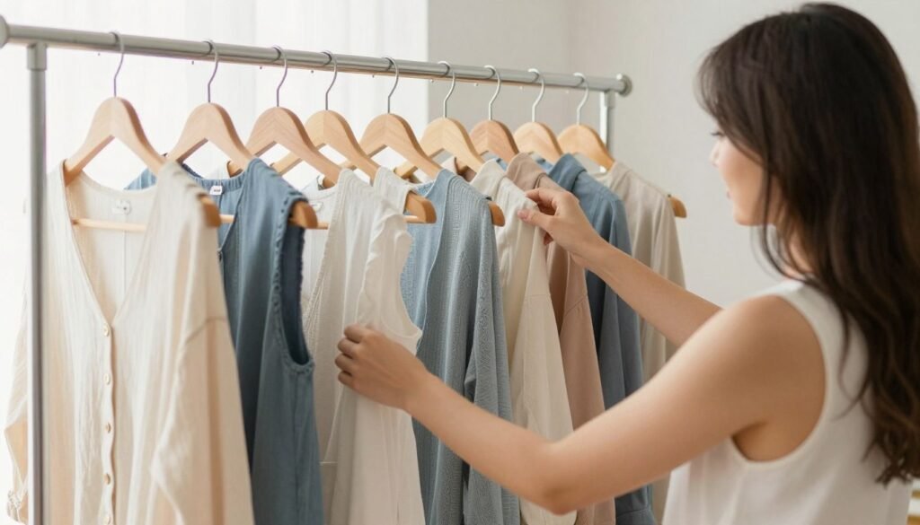 Woman mixing and matching casual summer outfit pieces from capsule wardrobe