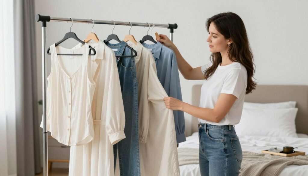Woman preparing casual summer work outfits with practical organization and planning