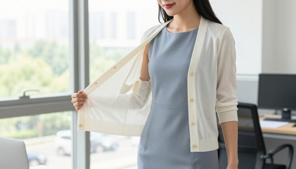 Woman removing a light cardigan in an office setting, wearing a sleeveless dress underneath