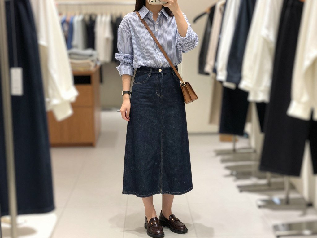 Woman shopping while wearing a long jean skirt with a striped button-down shirt and leather loafers