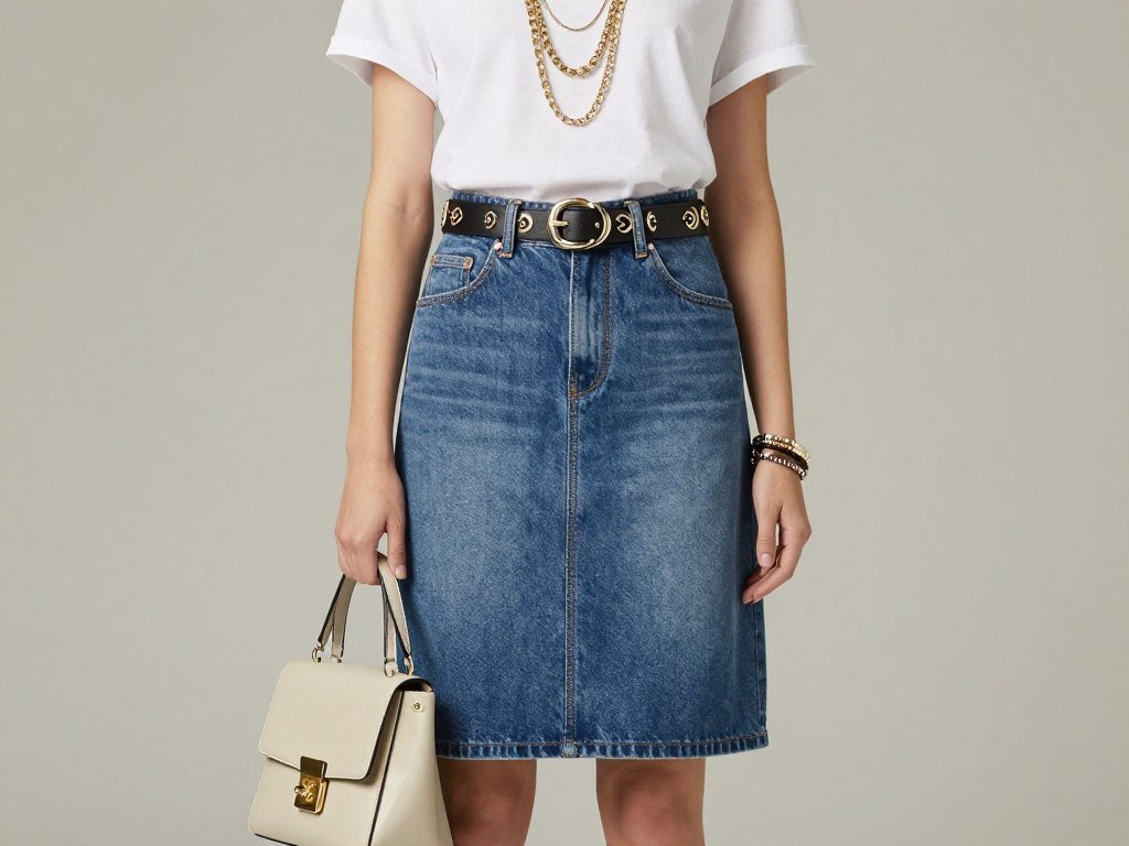 Woman showcasing how to accessorize a denim skirt outfit with statement belt, jewelry and bag