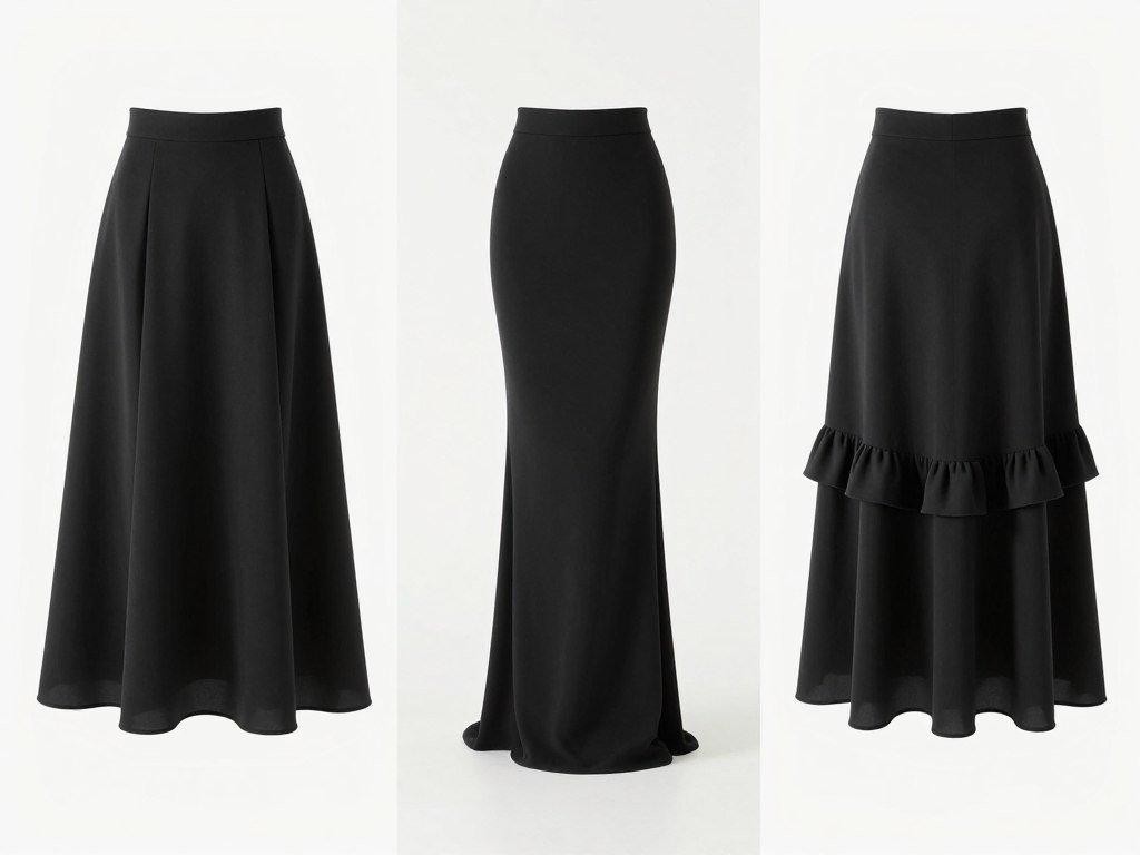 Woman showing different black maxi skirt silhouettes
