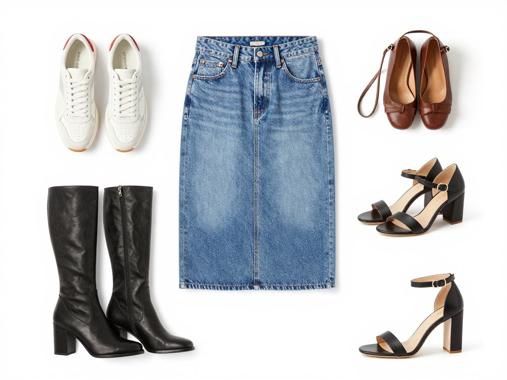 Woman showing different footwear options with denim midi skirt - footwear styling for denim midi skirt outfit