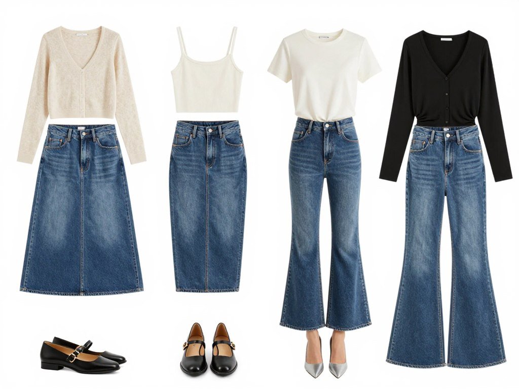 Woman showing different long jean skirt silhouettes and styling options