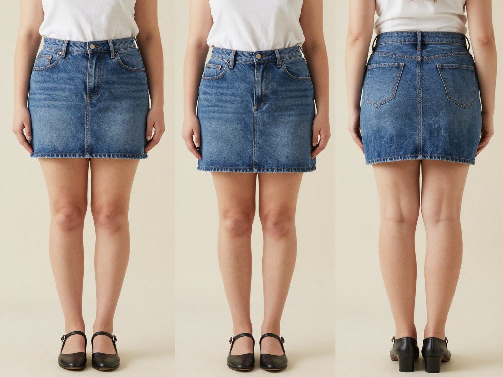 Woman showing how to style a denim skirt for different body types