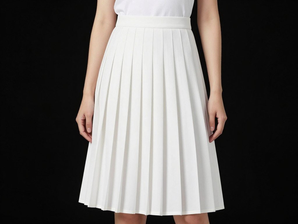Woman showing proper fit and length of a white pleated skirt