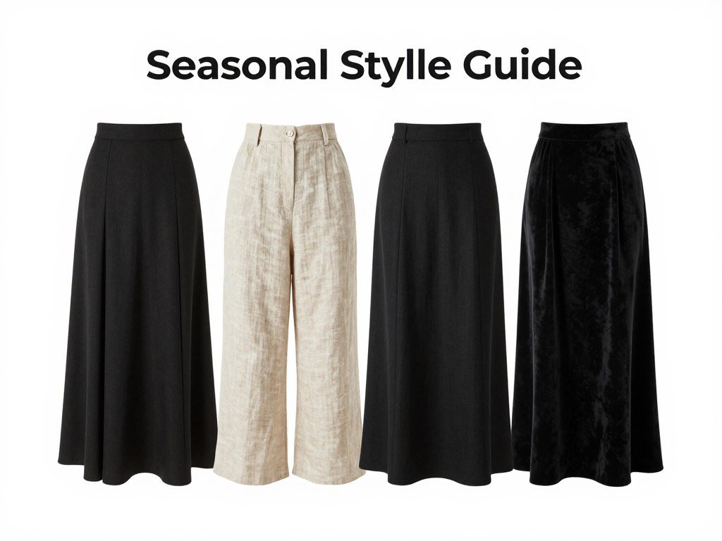 Woman showing seasonal fabric choices for black maxi skirts
