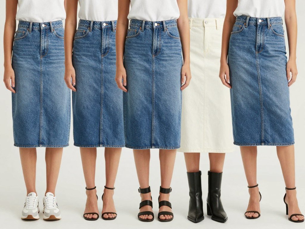 Woman showing various footwear options with denim skirts for different occasions