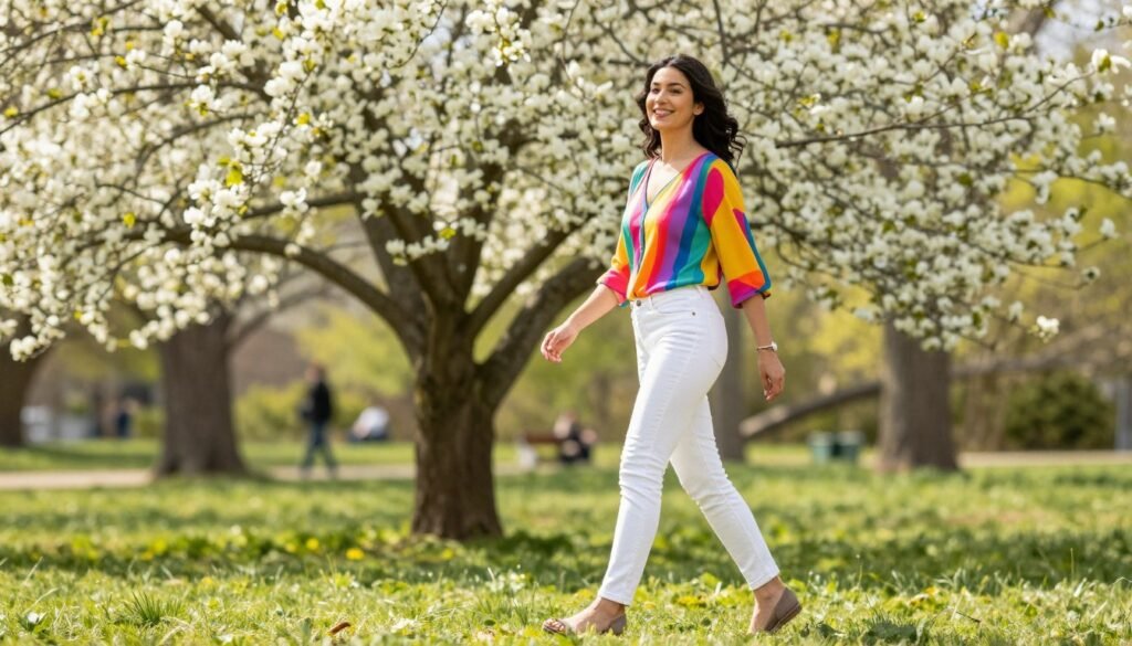 Woman smiling in a bright, casual spring outfit with white jeans and colorful top in outdoor setting - casual spring outfits women