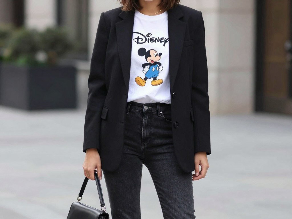 Woman styling a Disney t-shirt with blazer, jeans and heels for elevated look