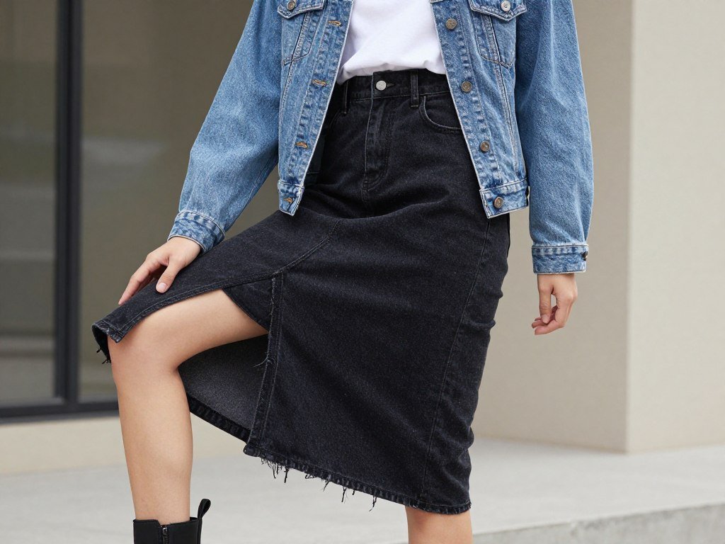 Woman styling a black denim skirt with a blue denim jacket for a stylish denim-on-denim look