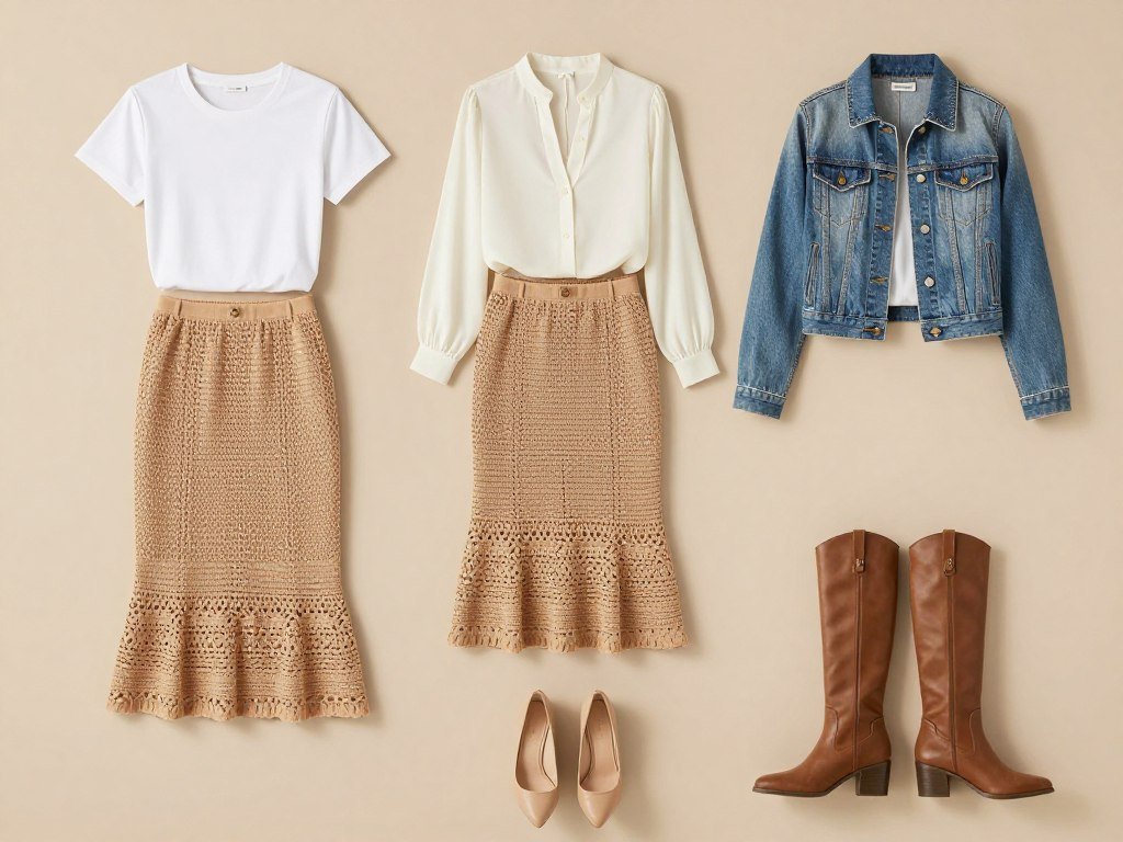 Woman styling a crochet skirt for different occasions