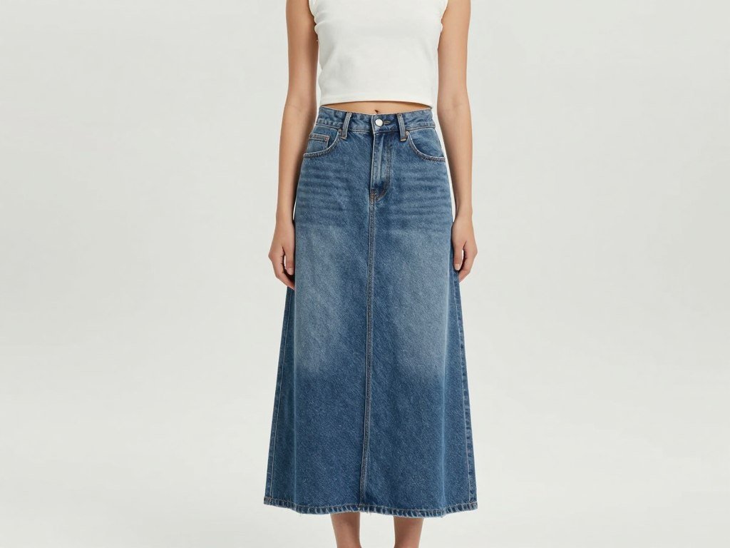 Woman styling a denim maxi skirt with cropped top to balance proportions