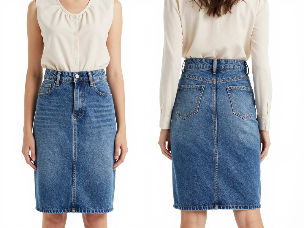 Woman styling a denim midi skirt with tucked-in top to show waistline