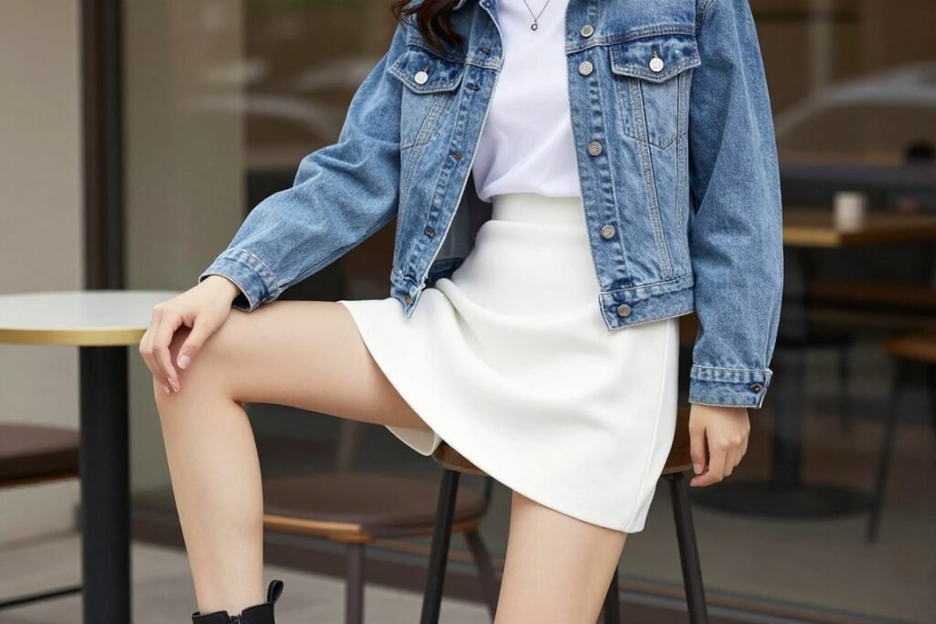 Woman styling a short white skirt with a classic denim jacket and ankle boots for weekend casual look