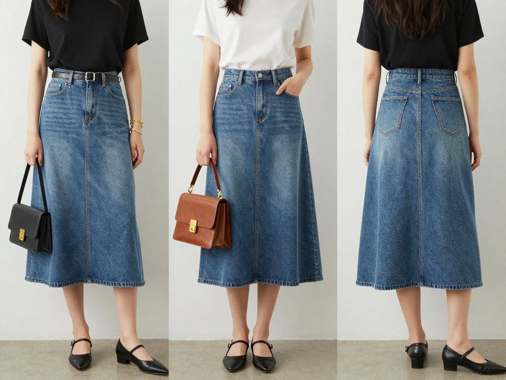 Woman styling denim skirt with different bags and jewelry combinations