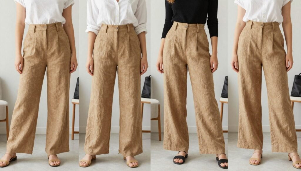 Woman styling tan linen pants in different ways
