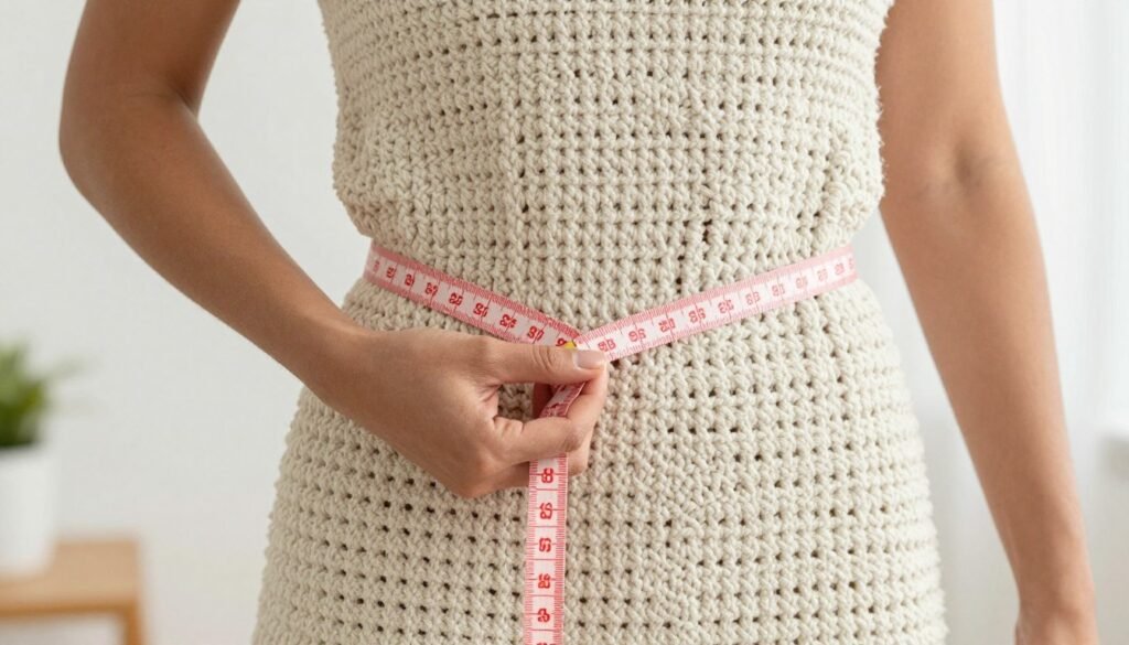 Woman taking measurements for a custom crochet skirt with measuring tape