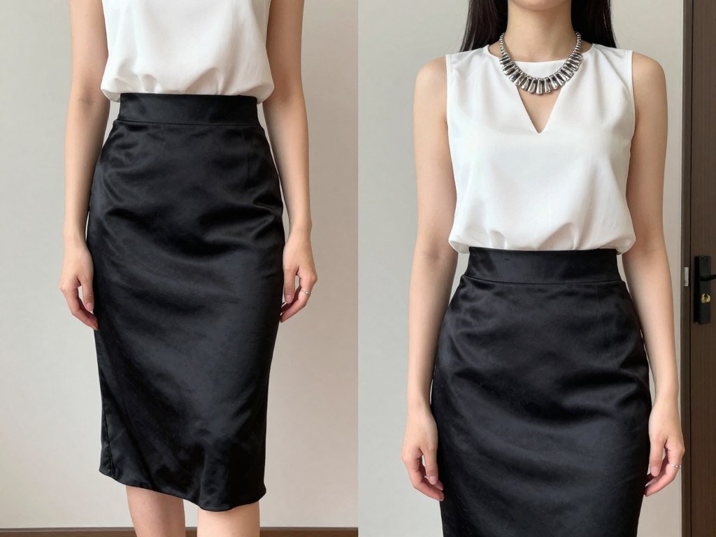 Woman transitioning satin skirt from office to dinner with accessory changes
