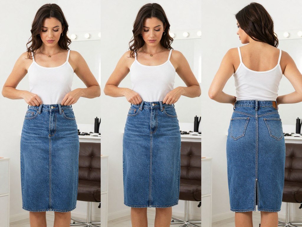 Woman trying different tops with denim midi skirt - styling tips for denim midi skirt outfit