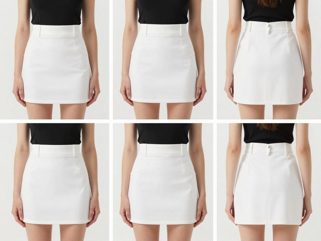 Woman trying different white mini skirt styles with various tops to show proportions and styling techniques