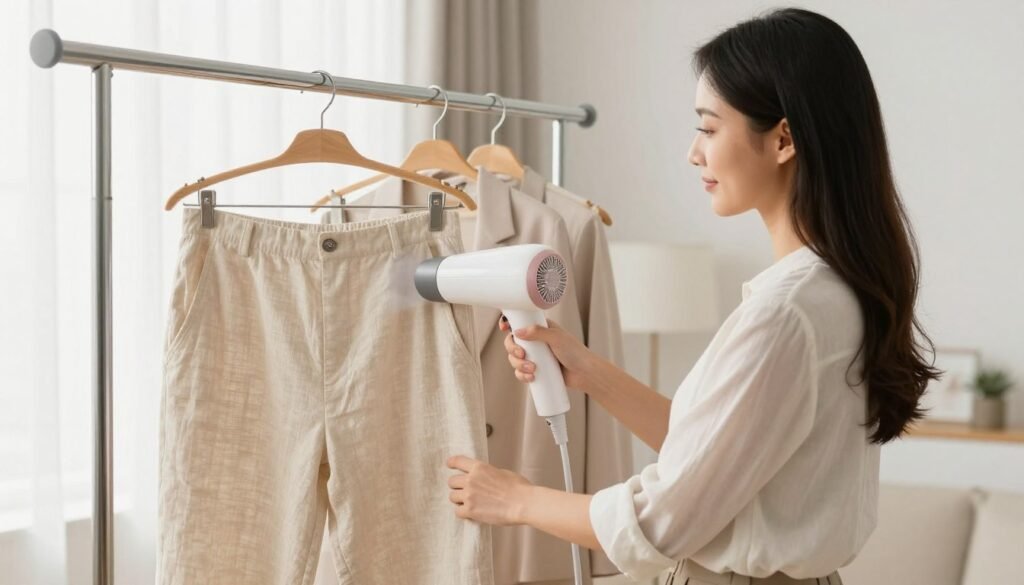 Woman using a handheld steamer on linen pants, demonstrating how to maintain a professional linen pants outfit work appearance