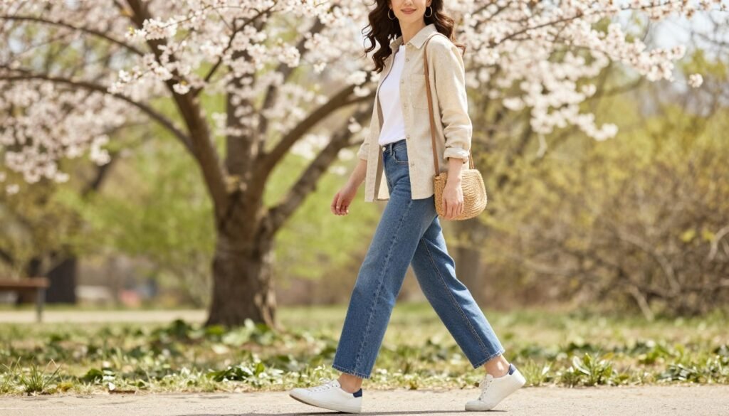 Woman walking outdoors in casual spring outfit with light layers and natural accessories