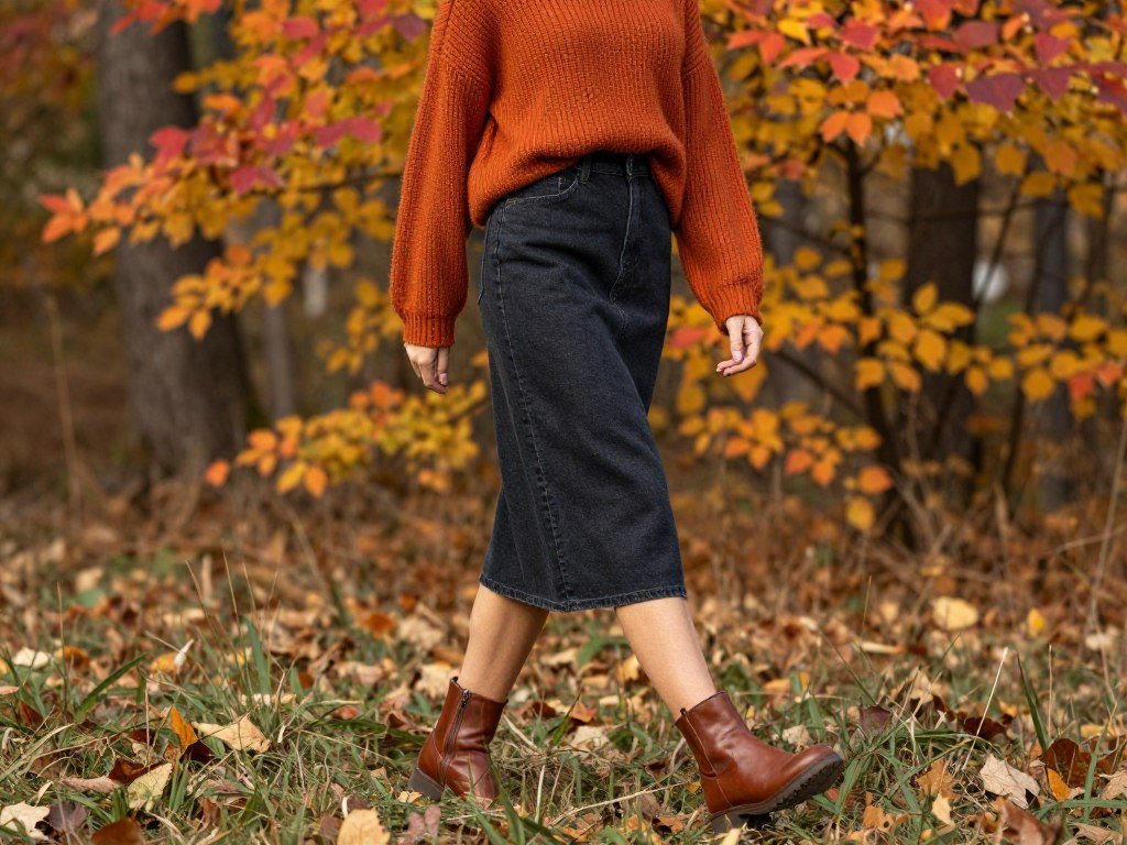 Woman walking through fall foliage wearing a midi denim skirt with a chunky sweater and ankle boots